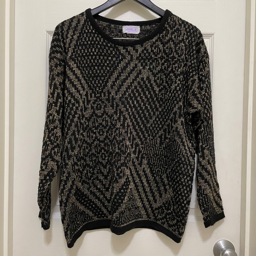 Vintage Arielle Knit Pullover Sweater‎ Black Gold Metallic 80s 90s USA Made L XL